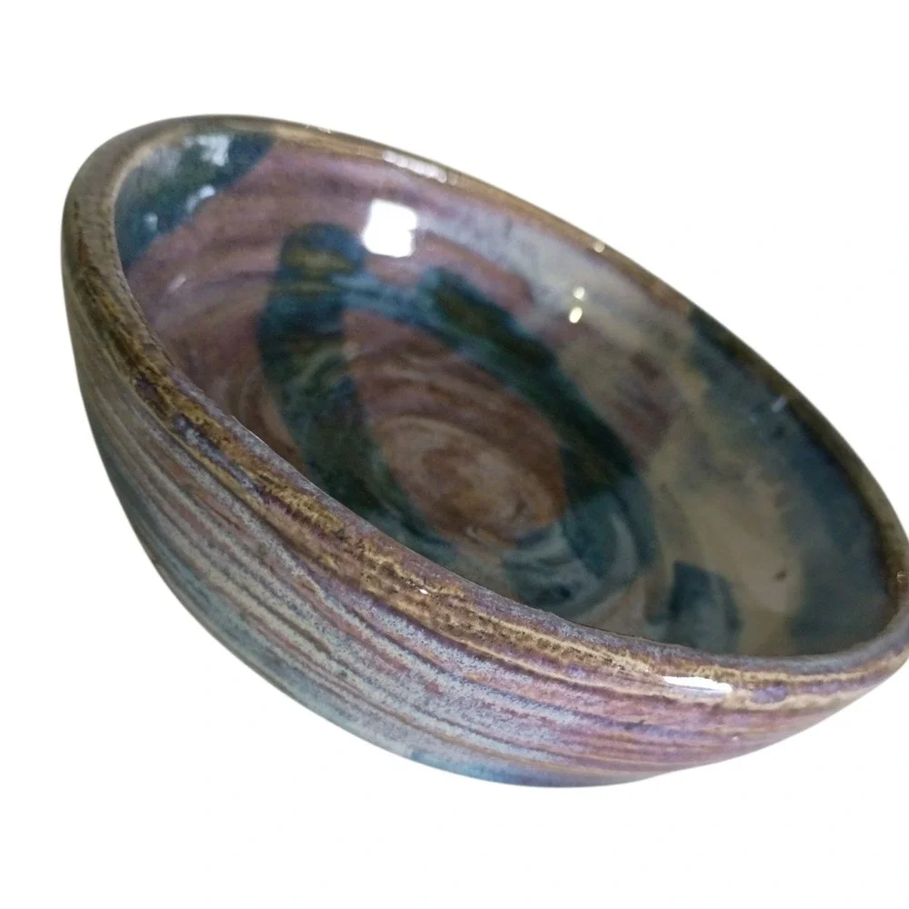 Signed‎ Studio Pottery Hand Thrown Glazed Stoneware Bowl Blue Purple Brown 5.5